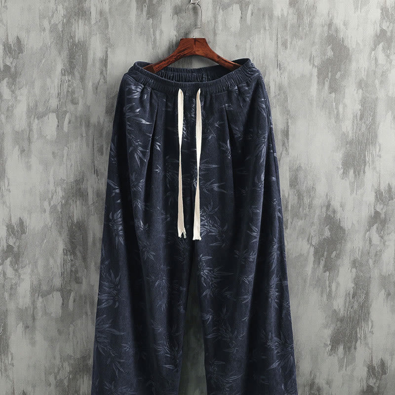 Pantaloni da uomo a gamba larga in velluto a coste con coulisse, in cotone, con tasche, motivo Buddha Stones Bamboo Leaves