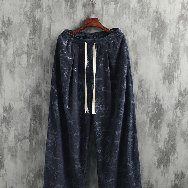 Pantaloni da uomo a gamba larga in velluto a coste con coulisse, in cotone, con tasche, motivo Buddha Stones Bamboo Leaves