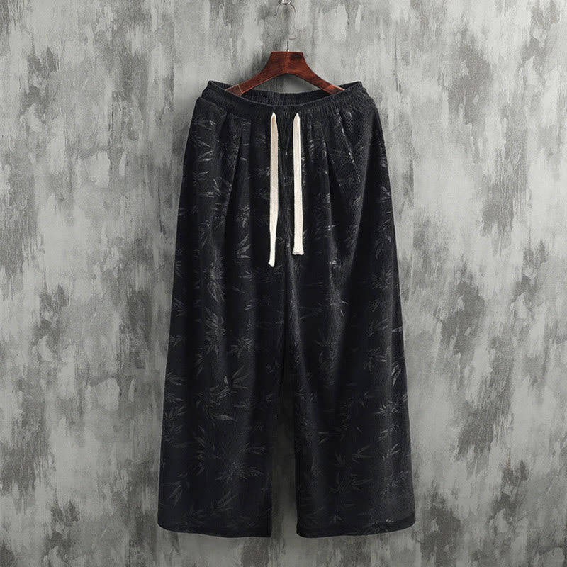 Pantaloni da uomo a gamba larga in velluto a coste con coulisse, in cotone, con tasche, motivo Buddha Stones Bamboo Leaves