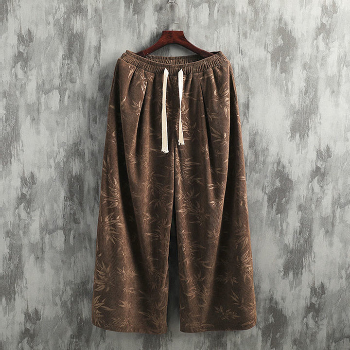 Pantaloni da uomo a gamba larga in velluto a coste con coulisse, in cotone, con tasche, motivo Buddha Stones Bamboo Leaves