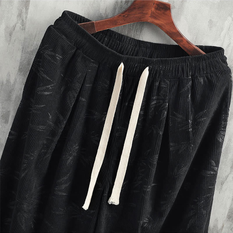 Pantaloni da uomo a gamba larga in velluto a coste con coulisse, in cotone, con tasche, motivo Buddha Stones Bamboo Leaves
