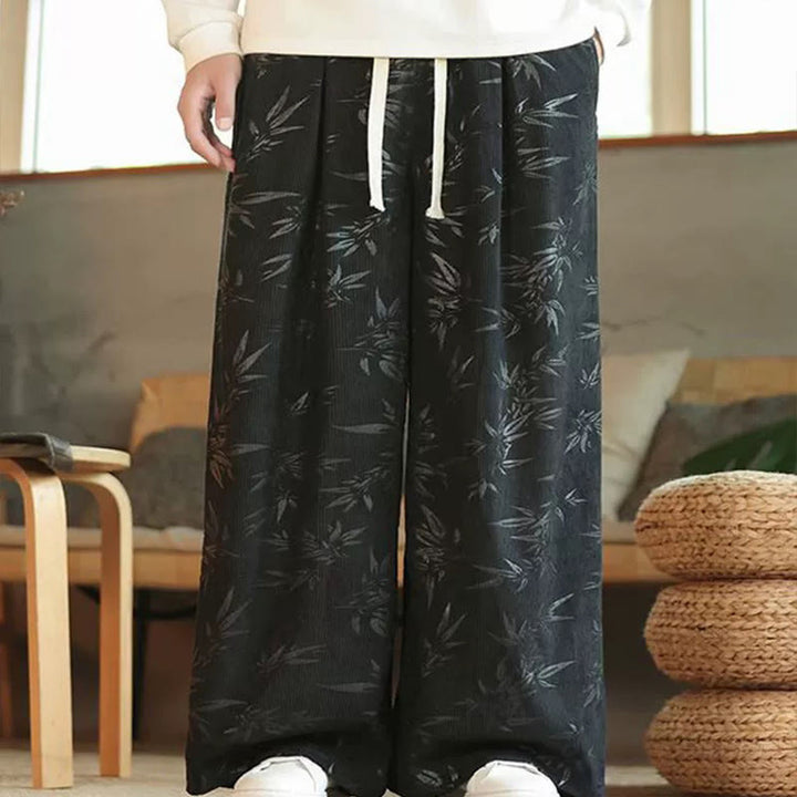 Pantaloni da uomo a gamba larga in velluto a coste con coulisse, in cotone, con tasche, motivo Buddha Stones Bamboo Leaves