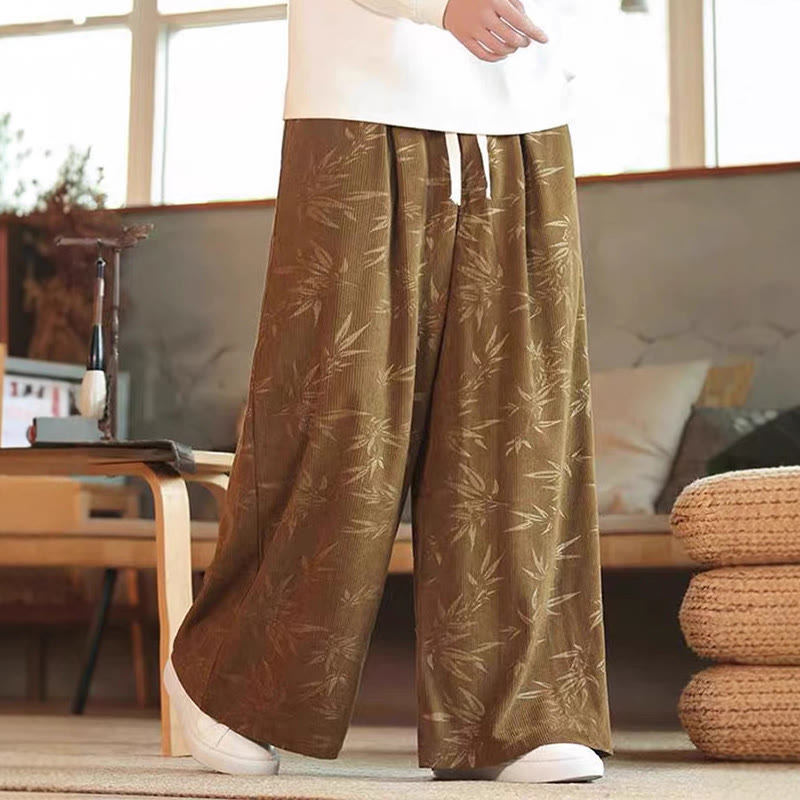 Pantaloni da uomo a gamba larga in velluto a coste con coulisse, in cotone, con tasche, motivo Buddha Stones Bamboo Leaves