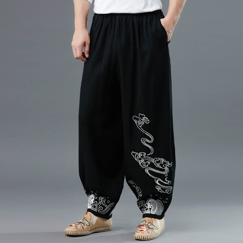 Pantaloni da uomo in cotone etnico con tasche, elastico in vita , Buddha Stones nuvole