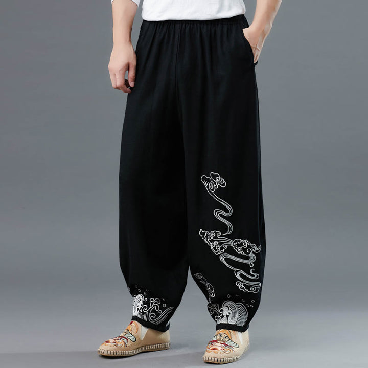 Pantaloni da uomo in cotone etnico con tasche, elastico in vita , Buddha Stones nuvole
