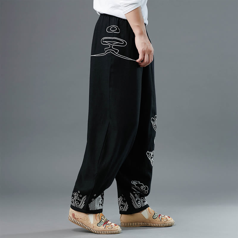Pantaloni da uomo in cotone etnico con tasche, elastico in vita , Buddha Stones nuvole