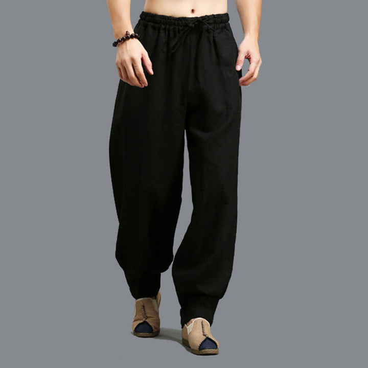 Pantaloni da uomo in lino ramiè con coulisse elastica tinta unita Buddha Stones Casual con tasche - image 16