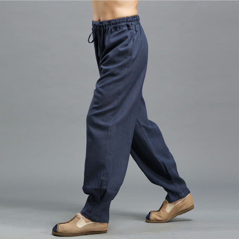 Pantaloni da uomo in lino ramiè con coulisse elastica tinta unita Buddha Stones Casual con tasche - image 7