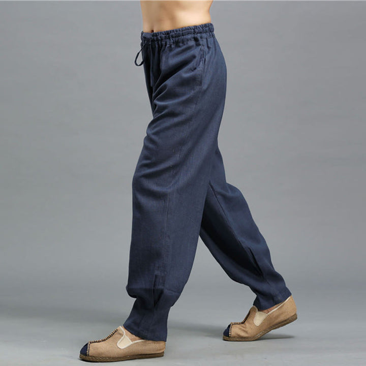Pantaloni da uomo in lino ramiè con coulisse elastica tinta unita Buddha Stones Casual con tasche - image 7