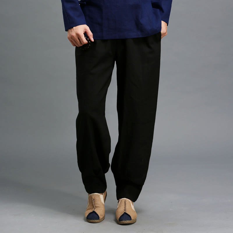 Pantaloni da uomo in lino ramiè con coulisse elastica tinta unita Buddha Stones Casual con tasche - image 20