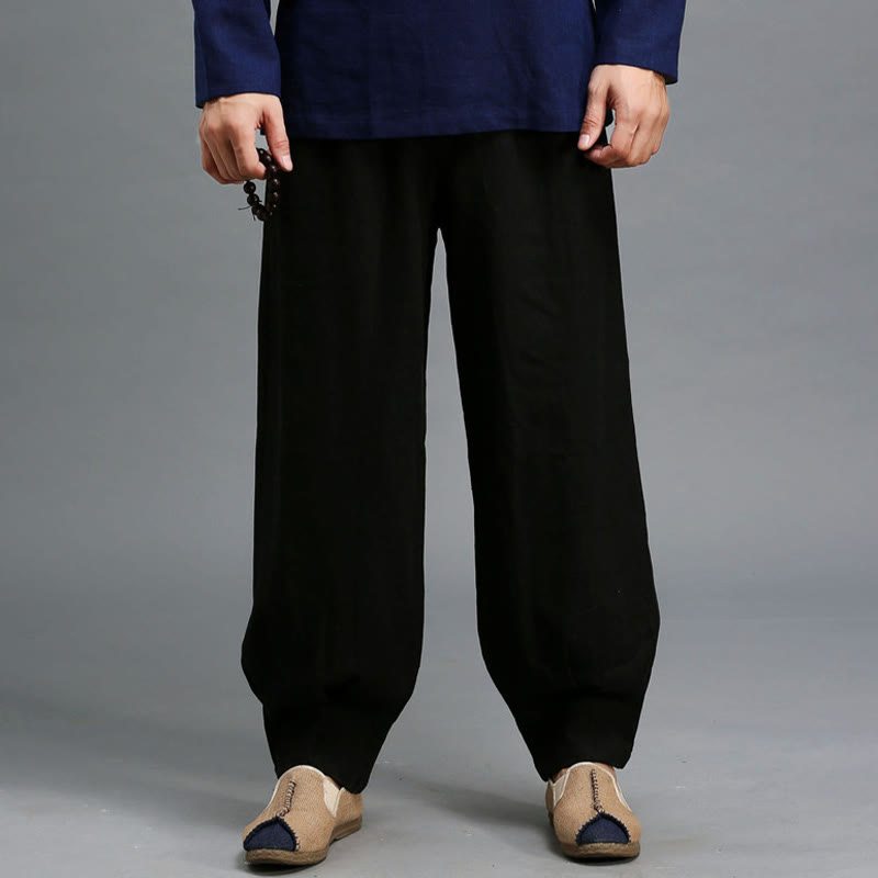 Pantaloni da uomo in lino ramiè con coulisse elastica tinta unita Buddha Stones Casual con tasche - image 19