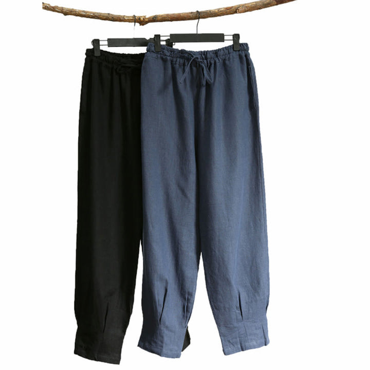 Pantaloni da uomo in lino ramiè con coulisse elastica tinta unita Buddha Stones Casual con tasche - image 1