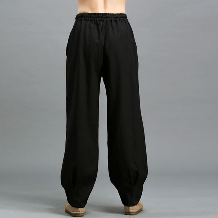 Pantaloni da uomo in lino ramiè con coulisse elastica tinta unita Buddha Stones Casual con tasche - image 15