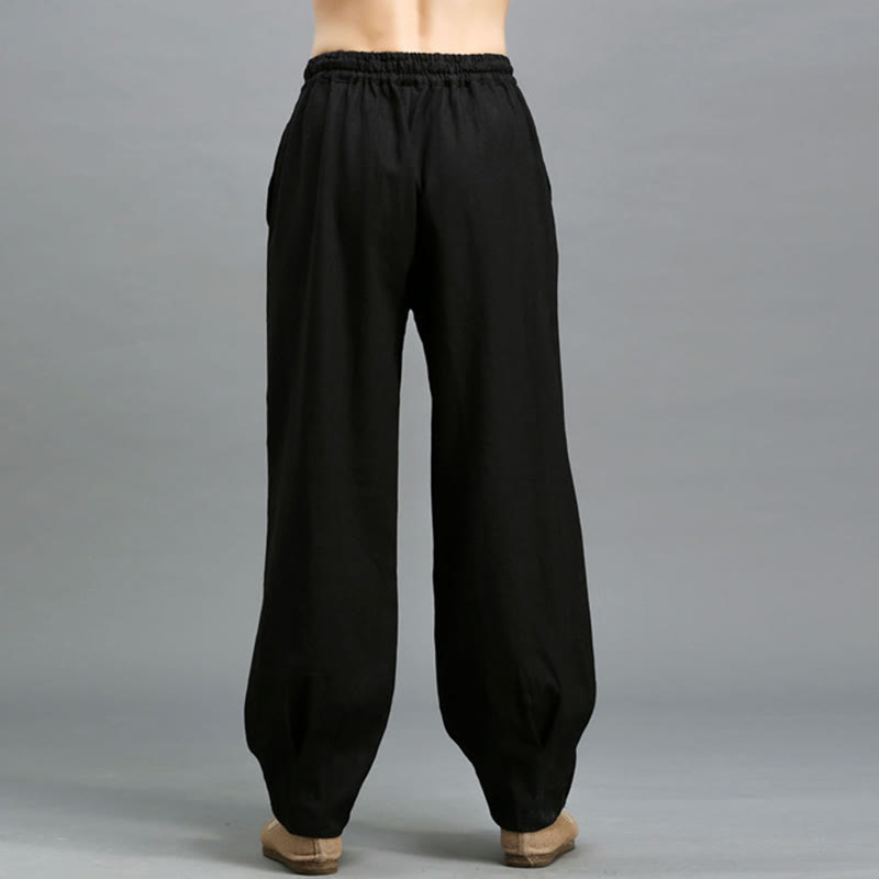 Pantaloni da uomo in lino ramiè con coulisse elastica tinta unita Buddha Stones Casual con tasche - image 15