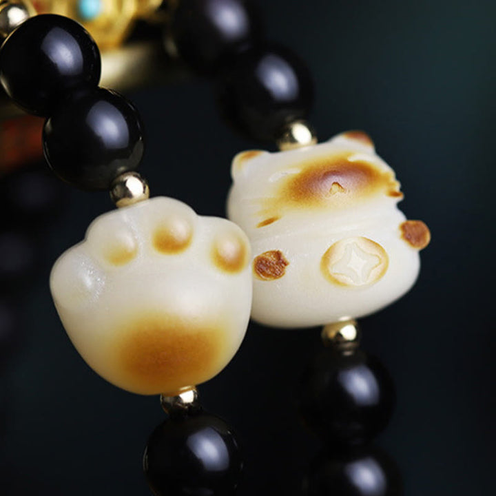 Buddha Stones Ossidiana nera Zampa di gatto Bodhi Seed Portafortuna Braccialetto di purificazione - image 11