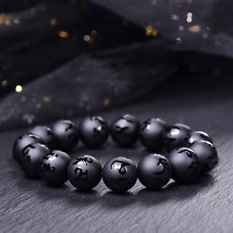 Braccialetto di protezione intagliato in onice nero naturale Om Mani Padme Hum Buddha Stones