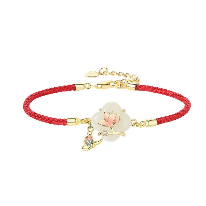 Bracciale Buddha Stones 925 Sterling Silver Hetian Jade Magnolia Flower Butterfly Luck Chain
