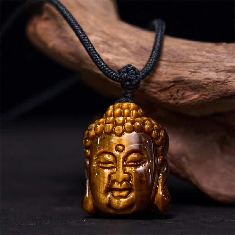 Collana con ciondolo a forma di testa di Buddha, occhio di tigre, Buddha Stones - Filo nero occhio di tigre - image 1
