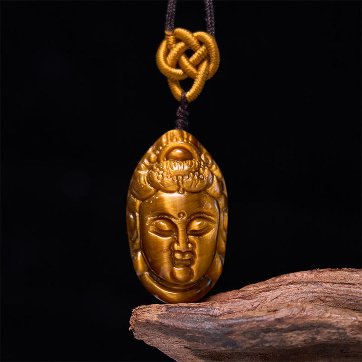 Buddha Stones Occhio di Tigre Kwan Yin Avalokitesvara Testa Corda Forza Collana Pendente
