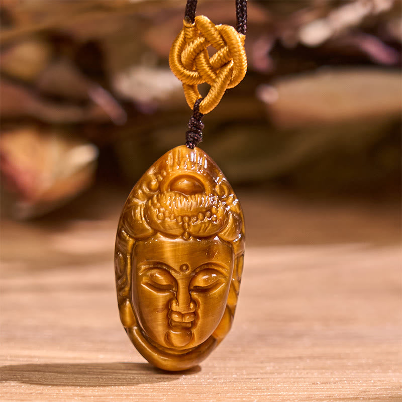 Buddha Stones Occhio di Tigre Kwan Yin Avalokitesvara Testa Corda Forza Collana Pendente
