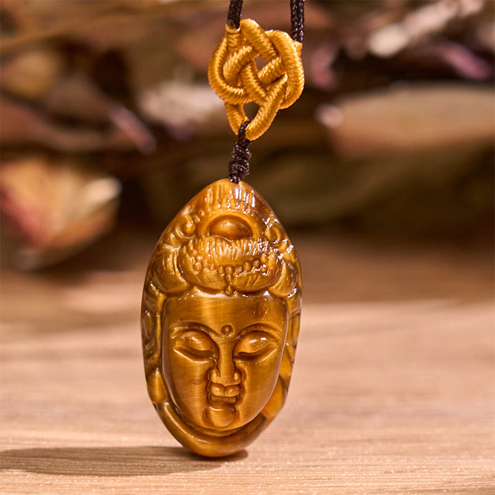 Buddha Stones Occhio di Tigre Kwan Yin Avalokitesvara Testa Corda Forza Collana Pendente
