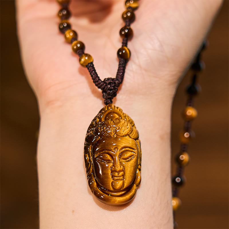 Buddha Stones Occhio di Tigre Kwan Yin Avalokitesvara Testa Corda Forza Collana Pendente