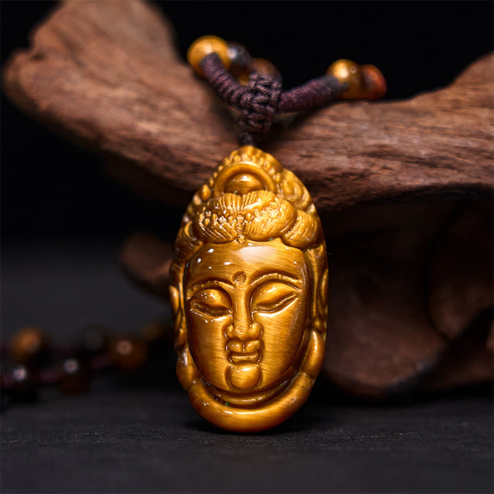 Buddha Stones Occhio di Tigre Kwan Yin Avalokitesvara Testa Corda Forza Collana Pendente