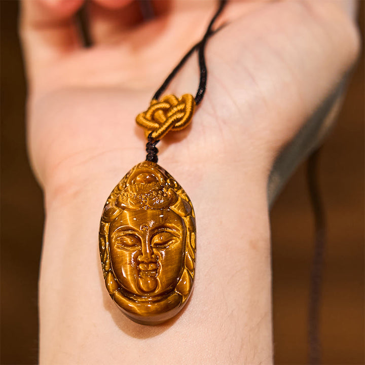 Buddha Stones Occhio di Tigre Kwan Yin Avalokitesvara Testa Corda Forza Collana Pendente