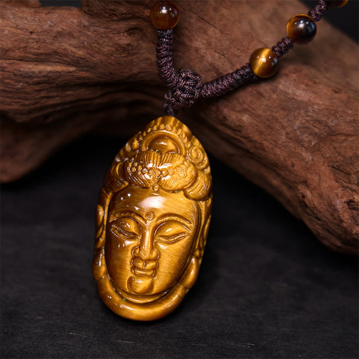Buddha Stones Occhio di Tigre Kwan Yin Avalokitesvara Testa Corda Forza Collana Pendente