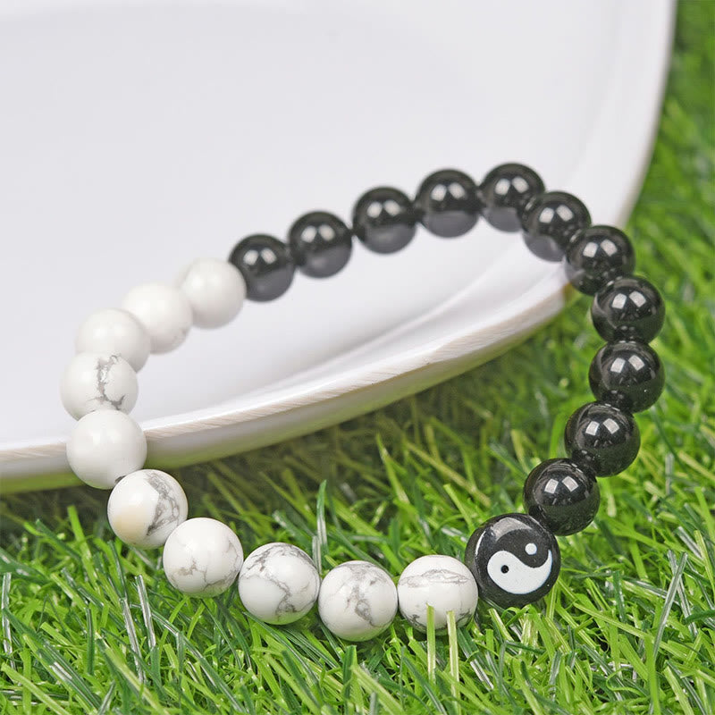 Braccialetto di forza Tai Chi Yinyang in ossidiana naturale turchese bianco Buddha Stones