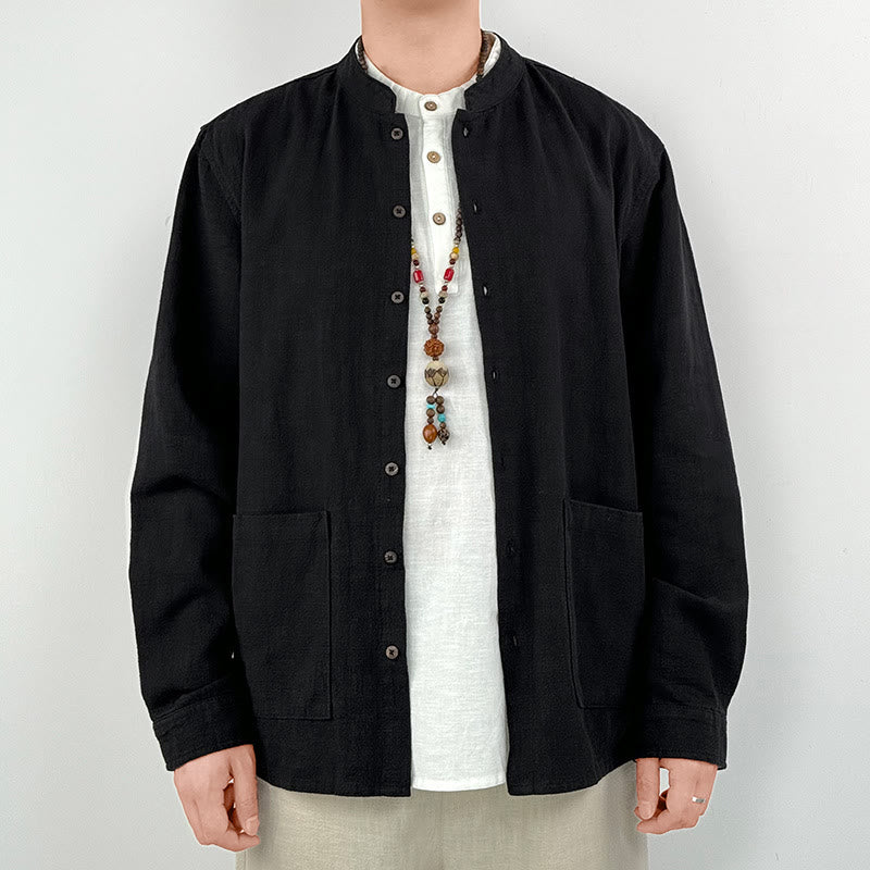 Camicia da uomo in cotone e lino ramiè casual tinta unita Buddha Stones con tasche