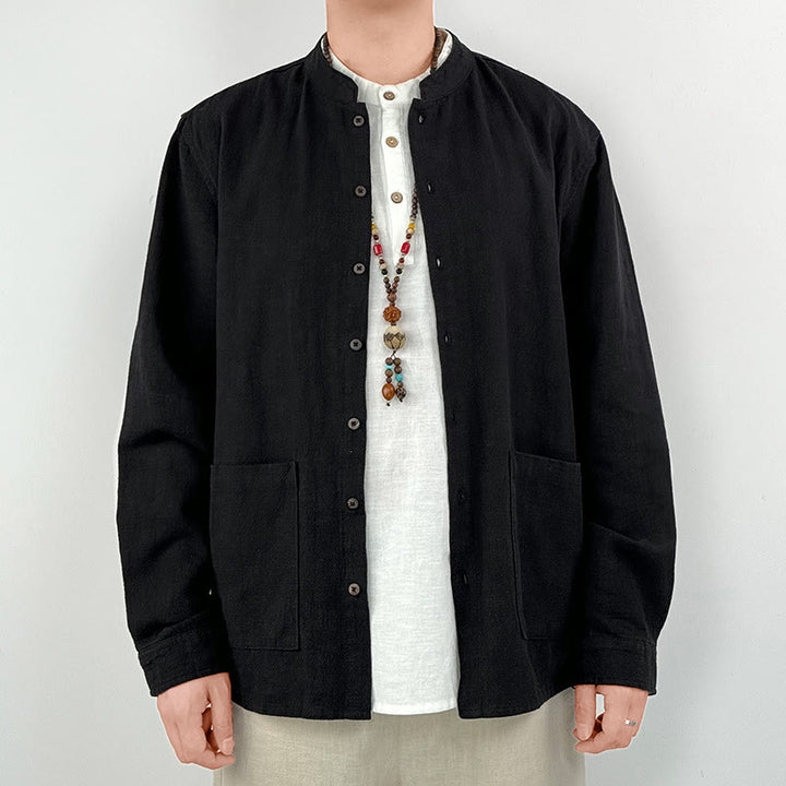 Camicia da uomo in cotone e lino ramiè casual tinta unita Buddha Stones con tasche