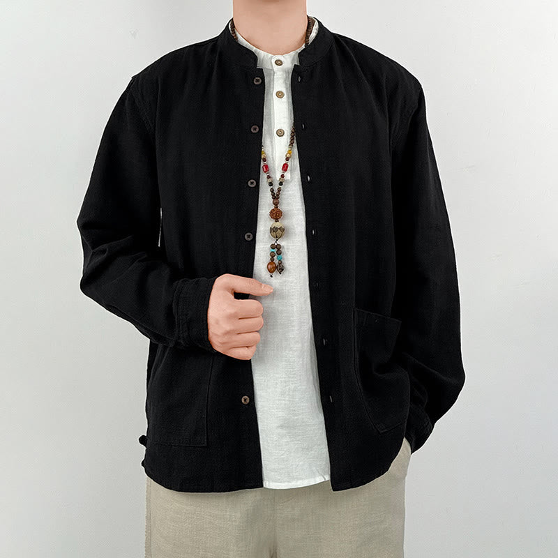 Camicia da uomo in cotone e lino ramiè casual tinta unita Buddha Stones con tasche