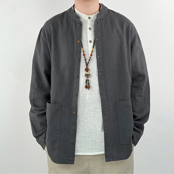 Camicia da uomo in cotone e lino ramiè casual tinta unita Buddha Stones con tasche