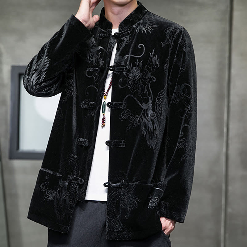 Buddha Stones Uomo Rana-bottoni Tang Suit Drago Modello Lisvelte Cotone Giacca Camicia Con Tasche