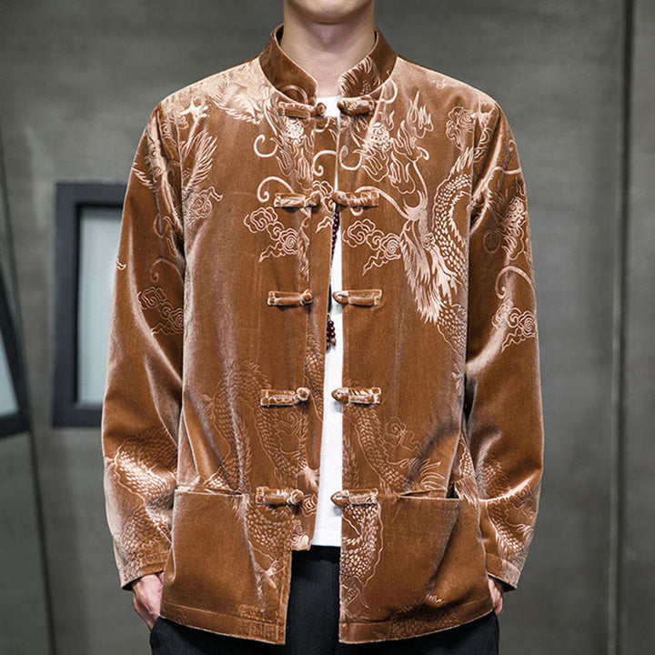 Buddha Stones Uomo Rana-bottoni Tang Suit Drago Modello Lisvelte Cotone Giacca Camicia Con Tasche