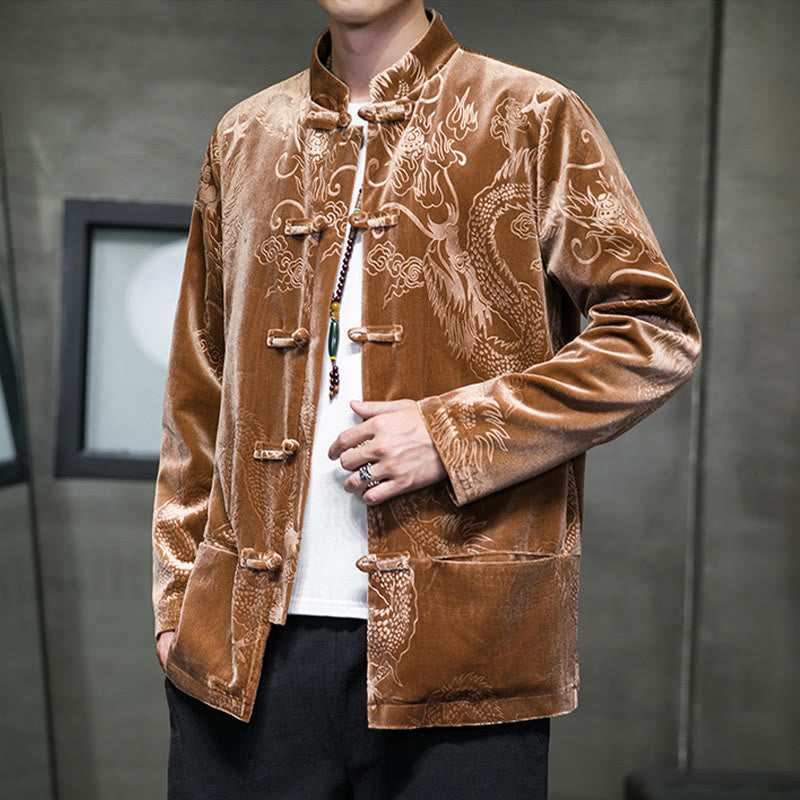 Buddha Stones Uomo Rana-bottoni Tang Suit Drago Modello Lisvelte Cotone Giacca Camicia Con Tasche