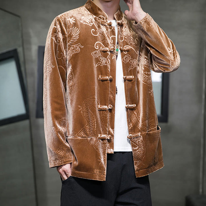 Buddha Stones Uomo Rana-bottoni Tang Suit Drago Modello Lisvelte Cotone Giacca Camicia Con Tasche