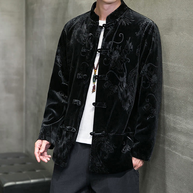 Buddha Stones Uomo Rana-bottoni Tang Suit Drago Modello Lisvelte Cotone Giacca Camicia Con Tasche