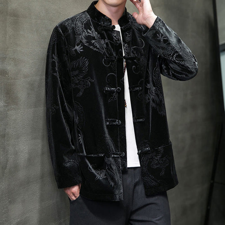 Buddha Stones Uomo Rana-bottoni Tang Suit Drago Modello Lisvelte Cotone Giacca Camicia Con Tasche