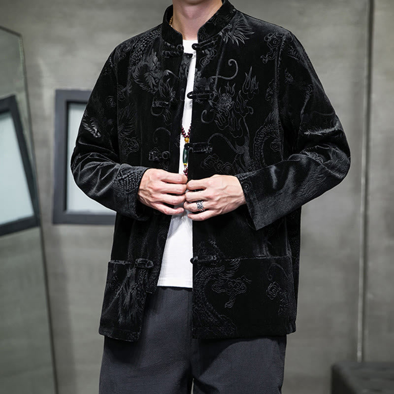 Buddha Stones Uomo Rana-bottoni Tang Suit Drago Modello Lisvelte Cotone Giacca Camicia Con Tasche