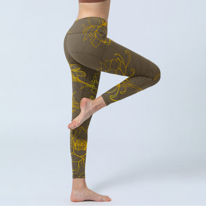 Leggings da palestra con stampa di foglie di loto e fiori di loto color marrone giallastro Buddha Stones Pantaloni da yoga da donna - image 4