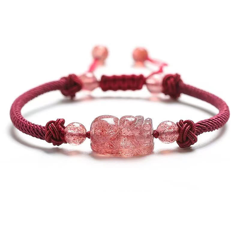 Braccialetto di protezione intrecciato in corda rossa naturale al quarzo fragola PiXiu Buddha Stones