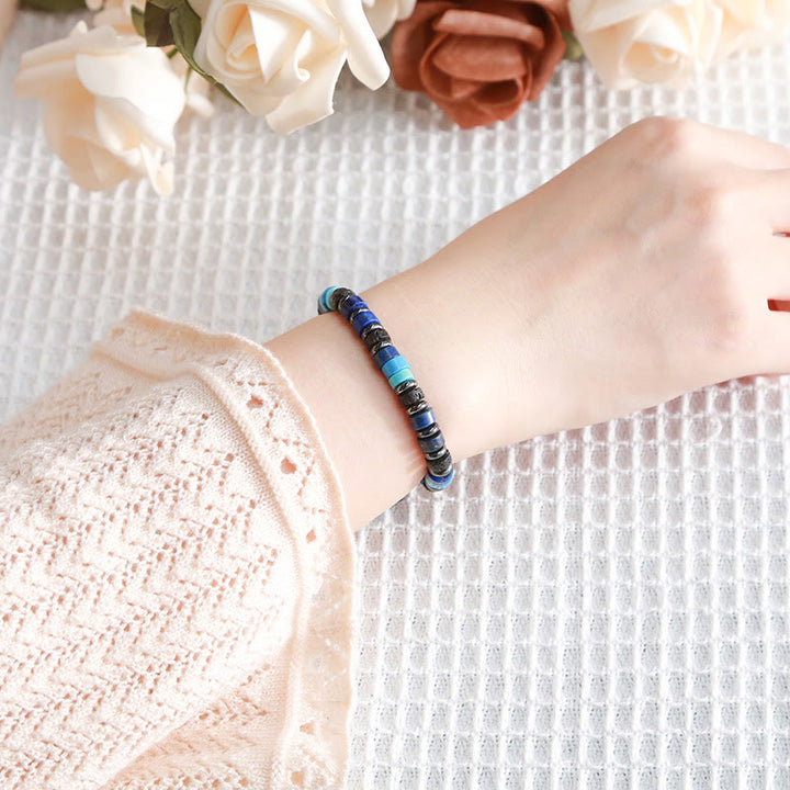 Braccialetto di supporto in pietra Buddha Stones, ematite, turchese, lazurite, lava, glitter nero