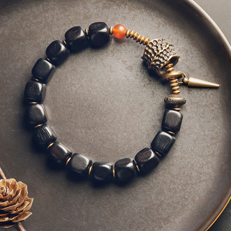 Braccialetto della pace in agata rossa, in legno di ebano e rame, in ottone Buddha Stones