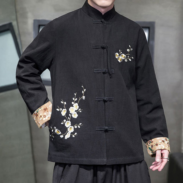 Buddha Stones Plum Blossom Ricamo Polsino Fiore Design Rana-bottoni Tang Suit Cotone Lino Giacca Camicia Uomo