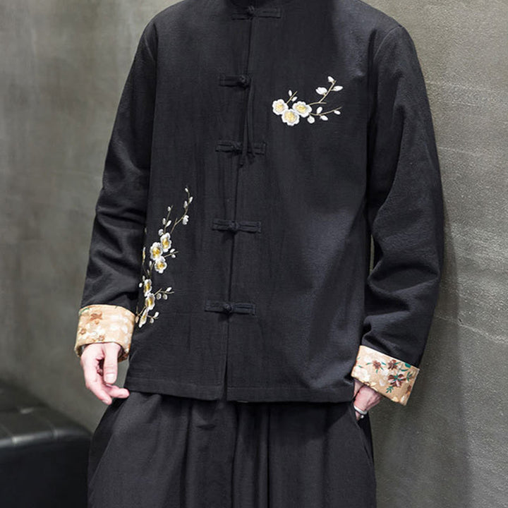 Buddha Stones Plum Blossom Ricamo Polsino Fiore Design Rana-bottoni Tang Suit Cotone Lino Giacca Camicia Uomo