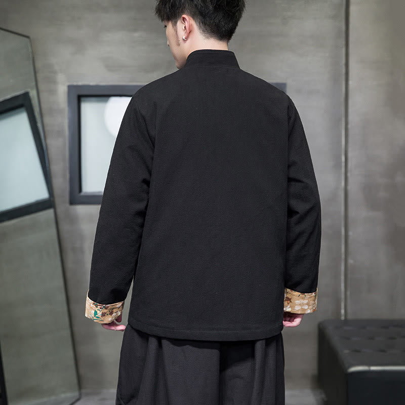 Buddha Stones Plum Blossom Ricamo Polsino Fiore Design Rana-bottoni Tang Suit Cotone Lino Giacca Camicia Uomo