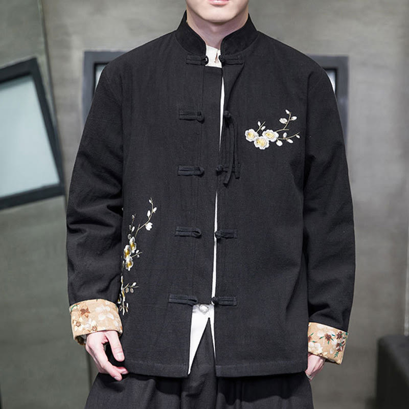 Buddha Stones Plum Blossom Ricamo Polsino Fiore Design Rana-bottoni Tang Suit Cotone Lino Giacca Camicia Uomo