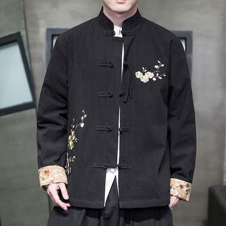 Buddha Stones Plum Blossom Ricamo Polsino Fiore Design Rana-bottoni Tang Suit Cotone Lino Giacca Camicia Uomo
